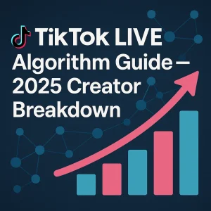 TikTok LIVE Algorithm Guide 2025 graphic showing algorithm signals like retention, engagement, and safety on a dark purple digital background.