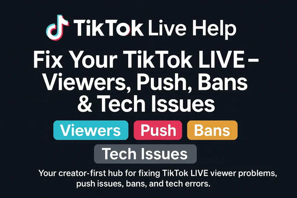 TikTok Live Help homepage banner showing creator support for fixing low viewers, push issues, bans, and tech problems.