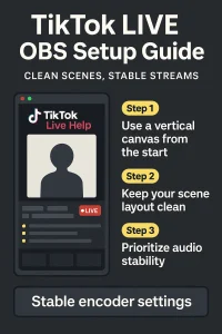 OBS setup guide for TikTok LIVE showing a vertical streaming canvas, clean scene layout, and stable encoder settings.